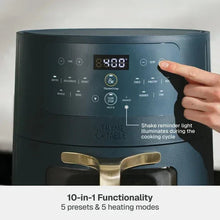 Atlantic Blue air fryer control panel with digital display and finger on buttons