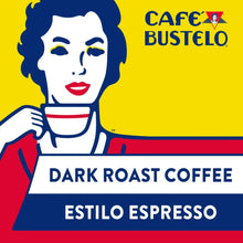Cafe Bustelo dark roast coffee label card with illustrated face and “Estilo Espresso”.