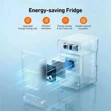 Compact mini fridge with transparent insulation and cooling components view