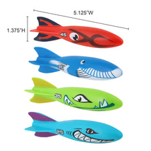 Four kids diving torpedo pool toys shown with size dimensions on a diagram