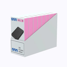 onn 10K portable battery retail box packaging, front and side views
