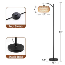 Black floor lamp with foot switch and round base, woven rattan drum shade