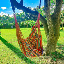 Hanging hammock chair with multicolor striped fabric and red suspension ropes