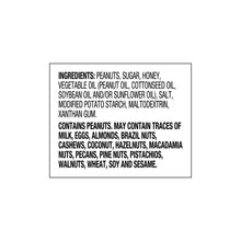 Ingredients panel listing peanuts, sugar, honey, and vegetable oils on jar label