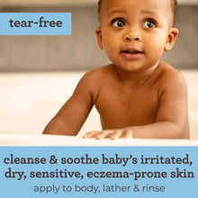 Baby in bath with tear-free label and eczema-prone skin message on screen