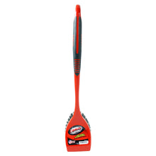 Red scrub brush handle with black bristles and label on scraper head