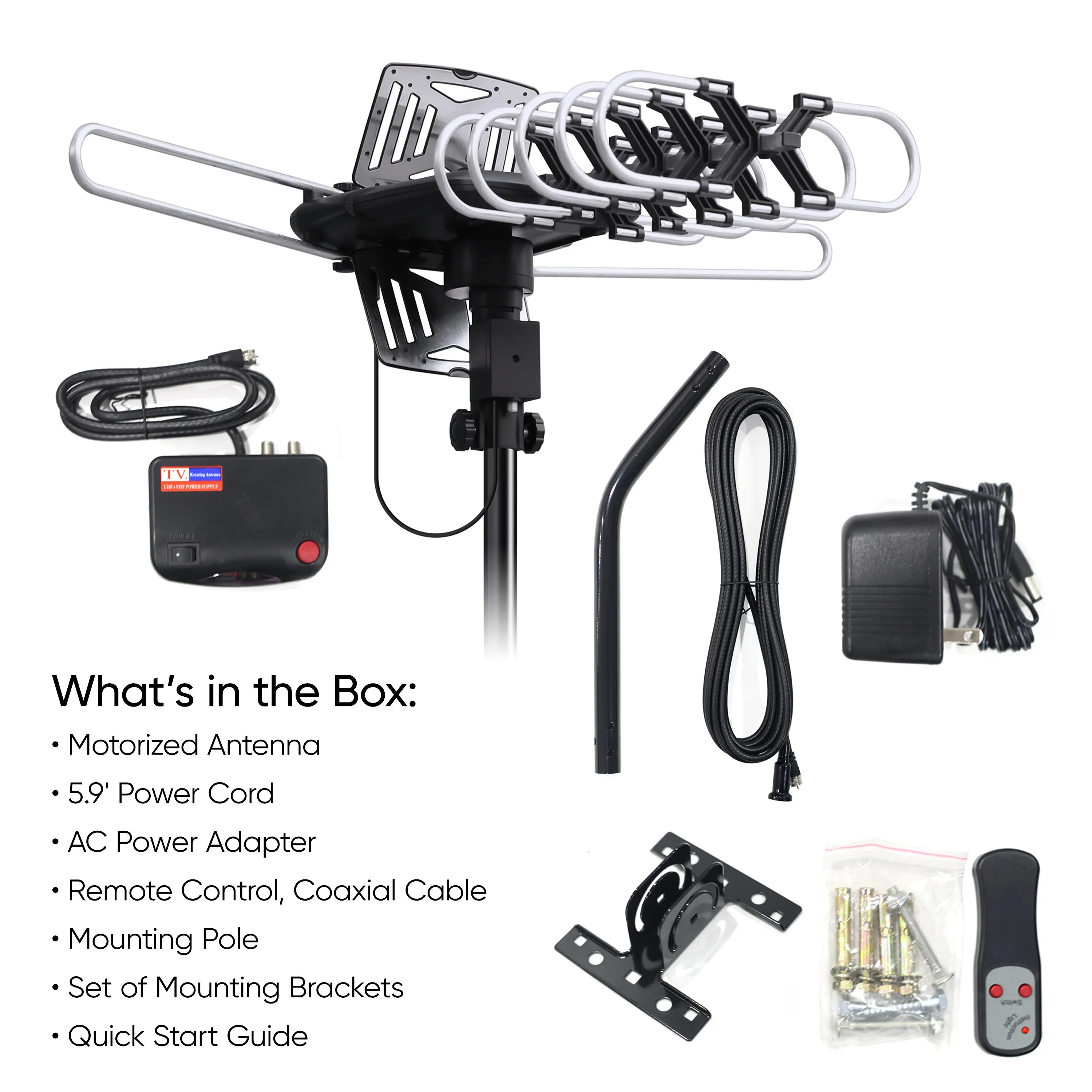 onn. Outdoor TV Antenna with Pole, up to 85-Mile Reception Range, Ultra-HD/Full HD/HD Ready