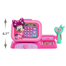 Pink Minnie Mouse cash register toy with keypad and pink scanner handle.