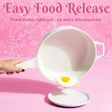 White iridescent jumbo cooker with fried egg inside
