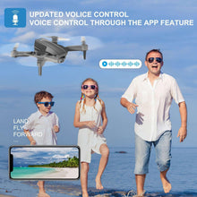 Mini FPV drone with smartphone controller, voice control graphic above flying drone