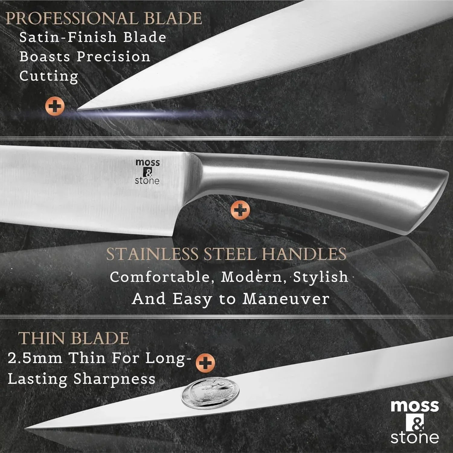 Moss & Stone Professional Kitchen Knife Chef Set, Small Knife Set With Block, Black Titanium Plated Kitchen Knife Set, Stainless Steel Scratch Resistant & Rust Proof Sharp Kitchen Knives. - USA MEGA SHOP