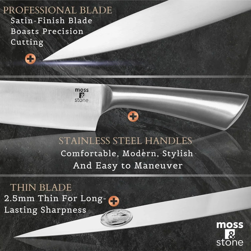 Moss & Stone Professional Kitchen Knife Chef Set, Small Knife Set With Block, Black Titanium Plated Kitchen Knife Set, Stainless Steel Scratch Resistant & Rust Proof Sharp Kitchen Knives. - USA MEGA SHOP
