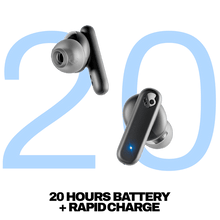 Black true wireless earbuds with open charging case; earbuds shown side and front