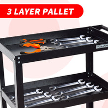 3-tier rolling tool cart top shelf with wrenches and screwdrivers, black frame
