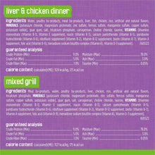 Cat wet food label panel listing guaranteed analysis and ingredients for liver & chicken dinner.