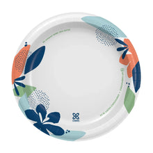 Printed disposable paper plate with blue, orange, and green leaf pattern