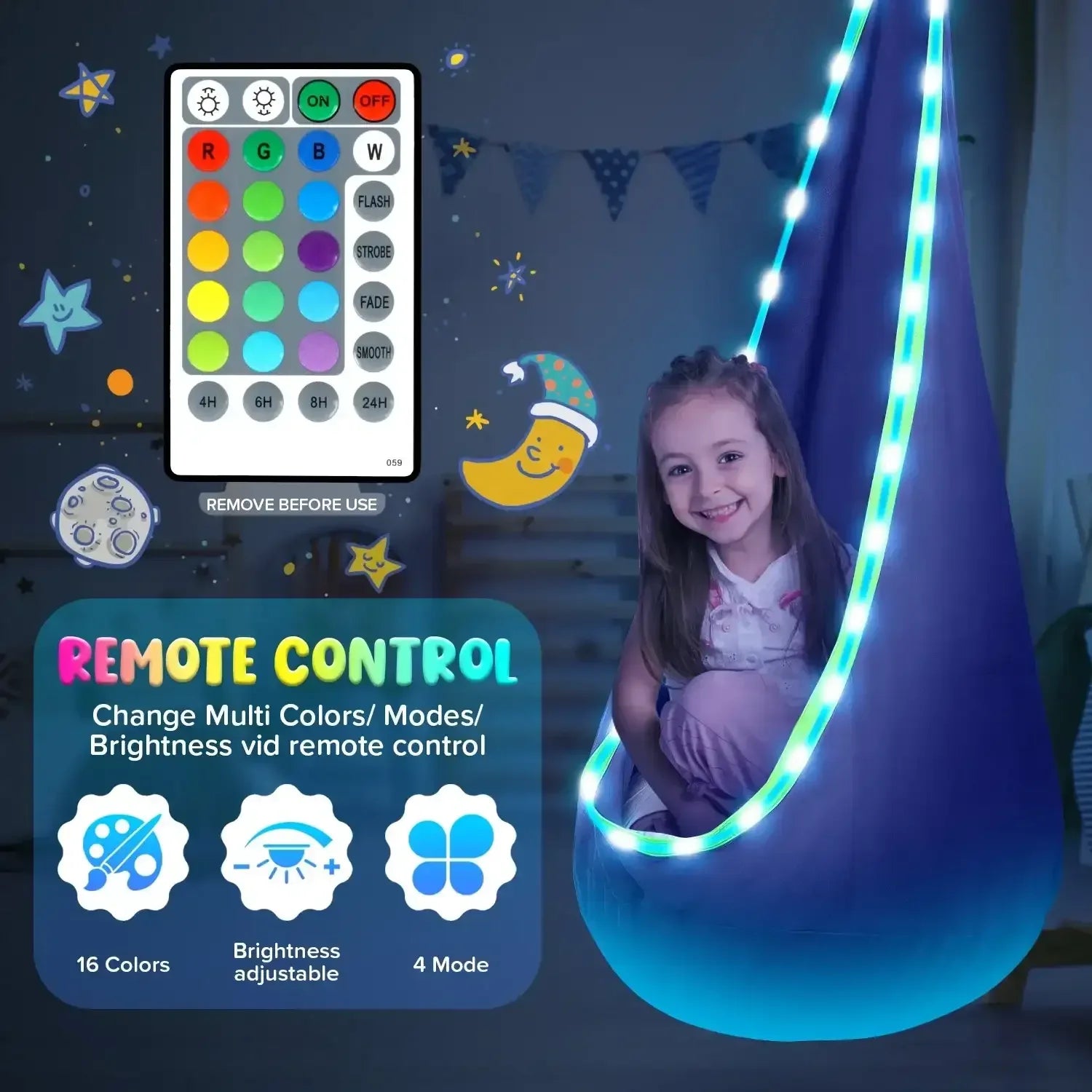 UQN Kids Pod Swing Seat, Light Up Hanging Hammock Chair with Inflatable Pillow, Indoor and Outdoor Toy Sensory Swing for kids, 100% Cotton Loading Capacity 176 lbs - USA MEGA SHOP