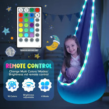 Blue kids pod swing seat with glowing LED lights and remote control