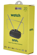 onn indoor TV antenna retail box with hanging tab and antenna graphic