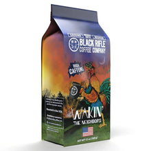 Ground coffee bag, side view with rooster artwork and “Wakin the Neighbors”