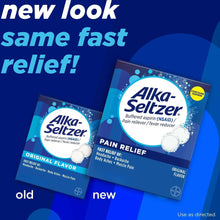 Pain relief effervescent tablets boxes, original flavor shown in old vs new layout