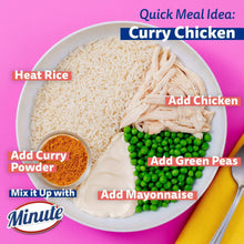 Cooked basmati rice plate with chicken, peas, and curry seasoning bowls