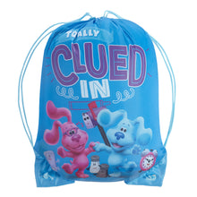 Blue drawstring storage bag with character graphic and “Totally Clued In” text