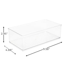 Large clear plastic organizer bin with perforated base and low open sides