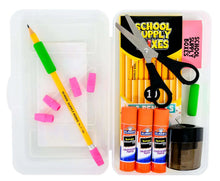 School supply box kit with pencils, pink erasers, markers, glue bottles, and tape roll
