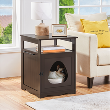 Espresso wooden cat litter box end table with lower door and cat in tray area