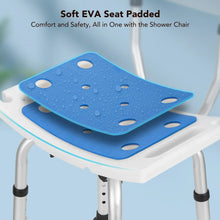 Blue EVA padded shower seat with drainage holes and textured surface on white frame