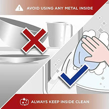 Microwave interior care graphic with metal-use warning and keep-it-clean reminder