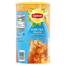 Lipton iced tea peach drink mix can front with peach and glass of tea graphic