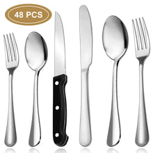 Stainless steel flatware set with spoons, forks, and a black-handled knife