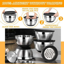 Stainless steel nesting mixing bowls with black airtight lids, side-by-side views