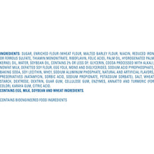 Package ingredients label with long ingredient list text for frosted mini donuts