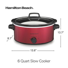 Hamilton Beach red slow cooker with glass lid and side handles, countertop view.
