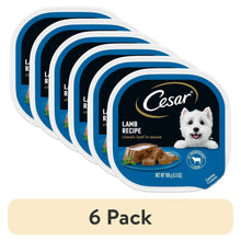 Cesar wet dog food 6-pack, blue lamb recipe tubs with classic loaf in sauce label
