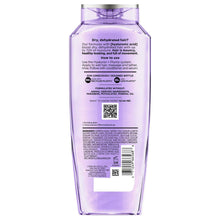 ELVIVE Hyaluron + Plump 72H hydrating shampoo bottle, back label view, purple