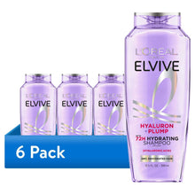 ELVIVE Hyaluron + Plump 72H hydrating shampoo bottle, 13.5 fl oz, purple