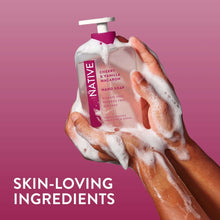 Cherry & vanilla macaron hand soap bottle with foamy lather, pink pump and hands