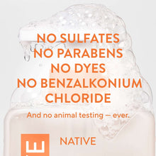Native hand soap bottle label showing no sulfates, no parabens, no dyes and no benzalkonium chloride