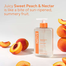 Native hand soap bottle with orange pump, Sweet Peach & Nectar, with peaches around it