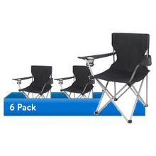 Set of black quad folding camp chairs with arm cup holders