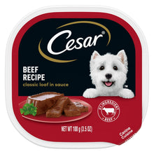 Beef recipe wet dog food loaf in sauce tray with Cesar branding and dog portrait