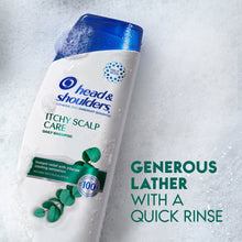 Itchy scalp care daily shampoo bottle with blue cap and eucalyptus leaf graphics