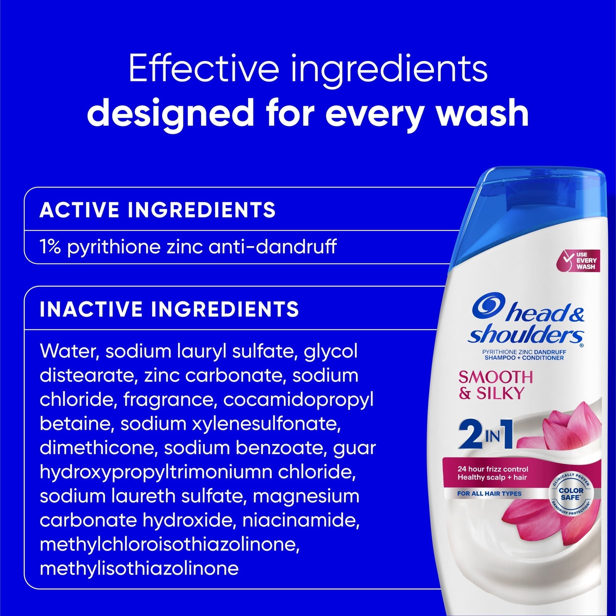 (6 pack) Head and Shoulders Smooth and Silky 2 in 1 Dandruff Shampoo and Conditioner, Frizz Control, Fresh Floral Scent, Color Safe, 12.5 oz
