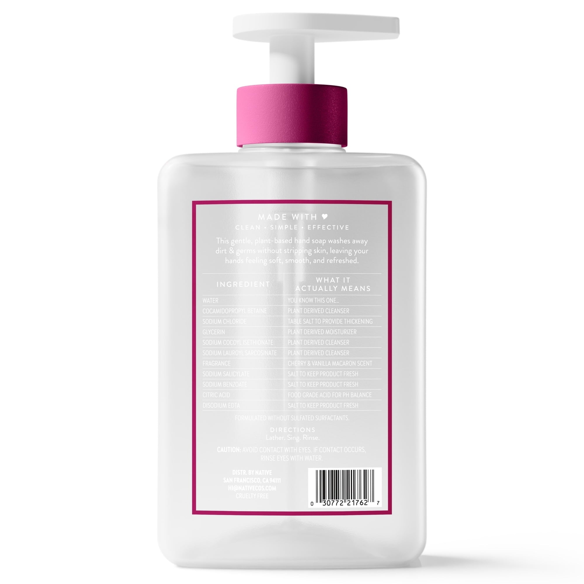 (6 pack) Native Liquid Hand Soap, Cherry & Vanilla Macaron, Non-drying, Naturally Derived Cleansers, Sulfate Free, 13 fl oz