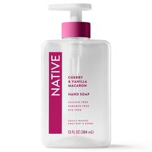 Cherry & vanilla macaron hand soap pump bottle, clear bottle with pink pump and label
