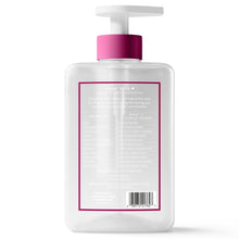 Hand soap back label on clear pump bottle, pink pump with ingredient panel
